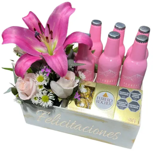 Arreglo de flores con chocolate y gin tonic pink 